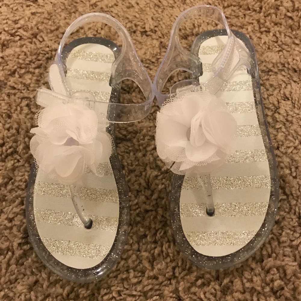 White Glitter Jelly Sandals with Flower